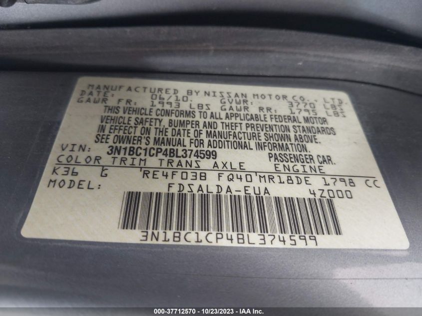 3N1BC1CP4BL374599 2011 Nissan Versa 1.8 S