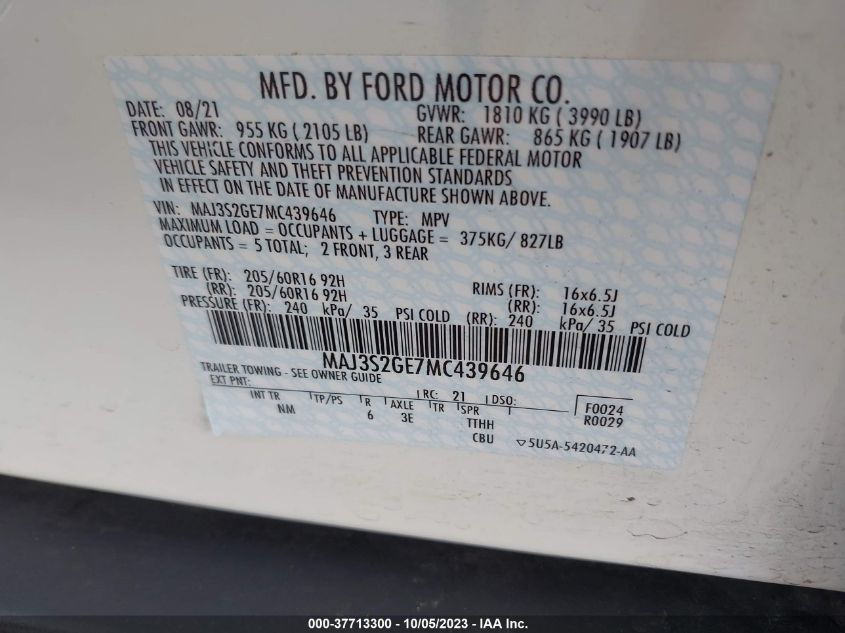 2021 Ford Ecosport Se VIN: MAJ3S2GE7MC439646 Lot: 37713300