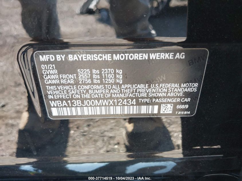 2021 BMW 5 Series 530I xDrive VIN: WBA13BJ00MWX12434 Lot: 37714519