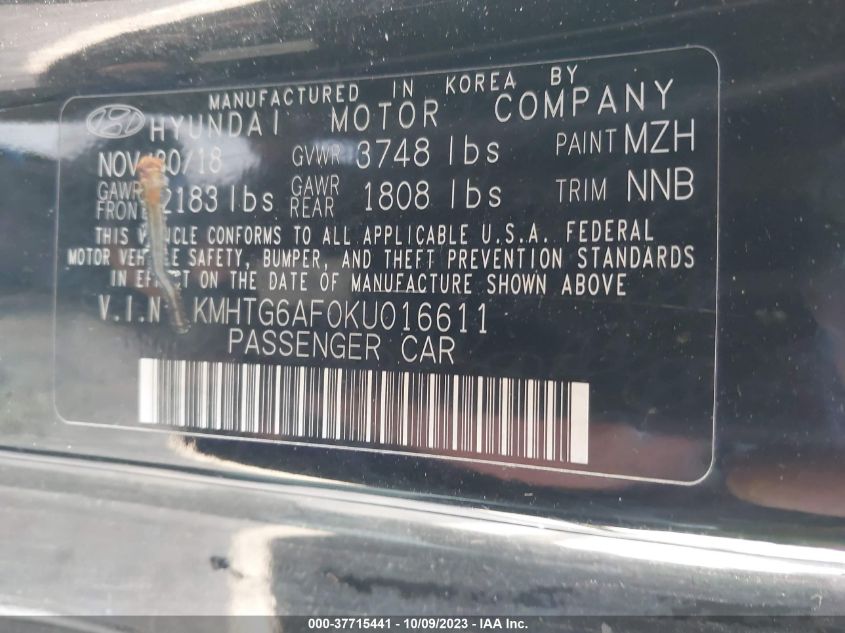 2019 Hyundai Veloster 2.0 VIN: KMHTG6AF0KU016611 Lot: 37715441