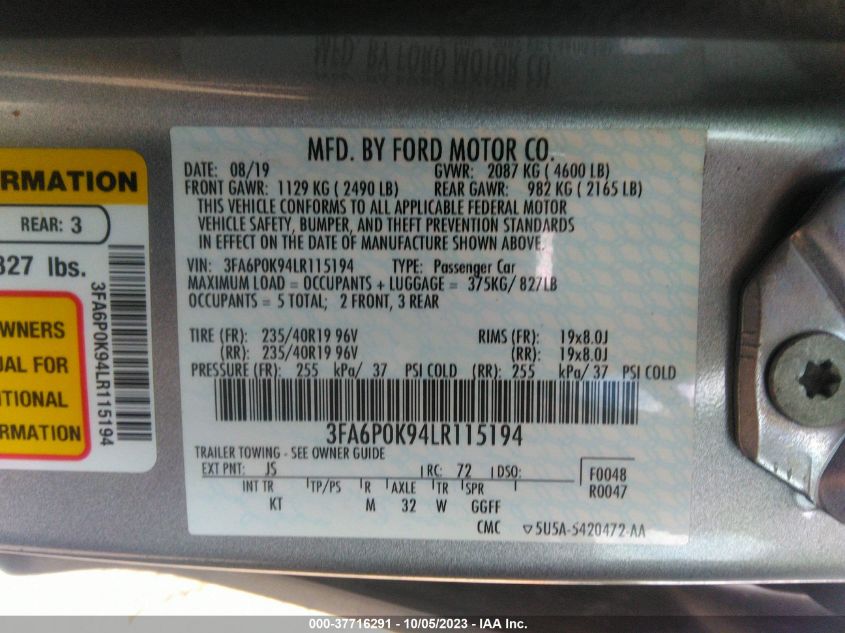 2020 Ford Fusion Titanium VIN: 3FA6P0K94LR115194 Lot: 37716291