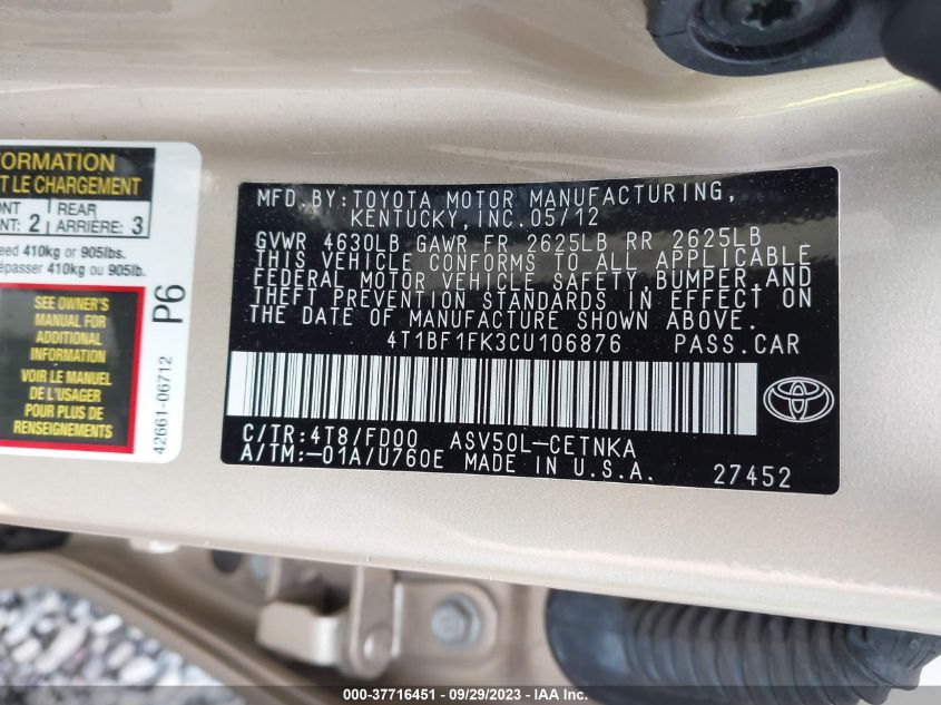 4T1BF1FK3CU106876 2012 Toyota Camry Le