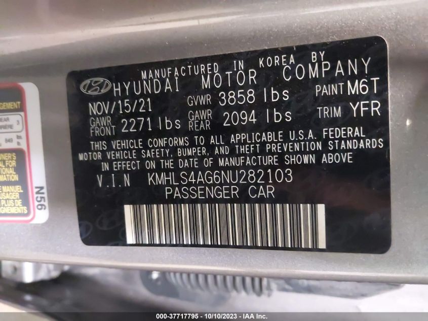 2022 Hyundai Elantra Sel VIN: KMHLS4AG6NU282103 Lot: 37717795