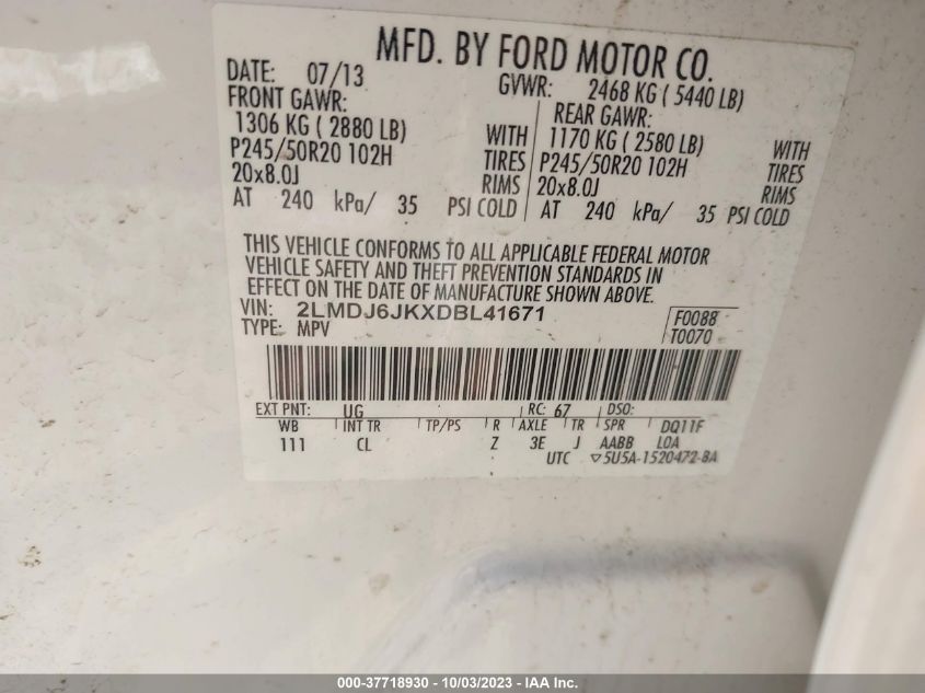 2013 Lincoln Mkx VIN: 2LMDJ6JKXDBL41671 Lot: 37718930