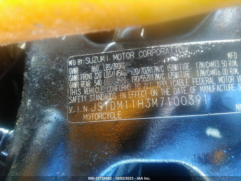 2021 Suzuki Gsx-R1000 R/100Th Anniversary VIN: JS1DM11H3M7100391 Lot: 37720492