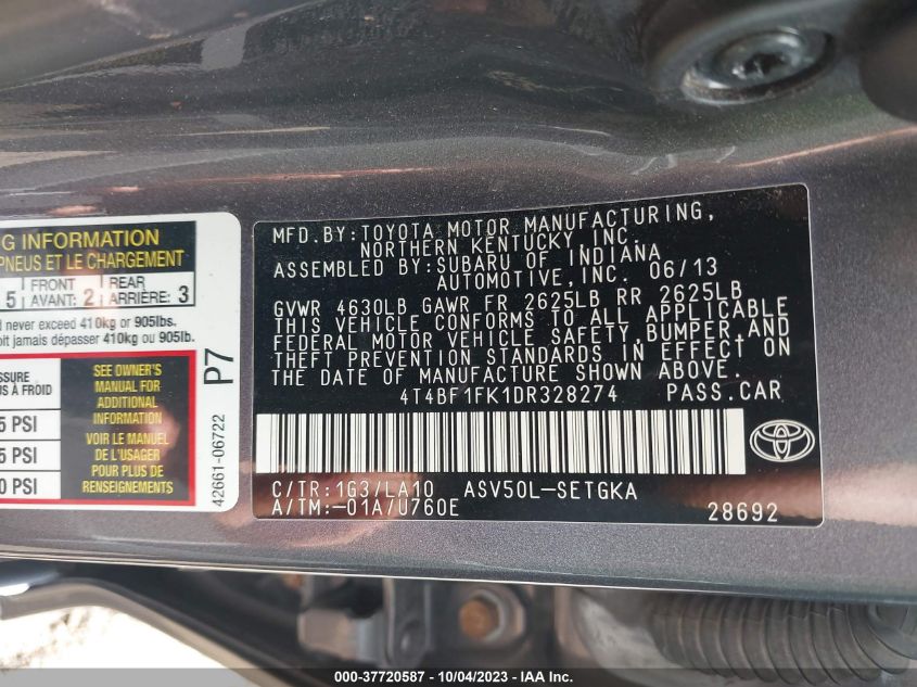 4T4BF1FK1DR328274 2013 Toyota Camry Xle