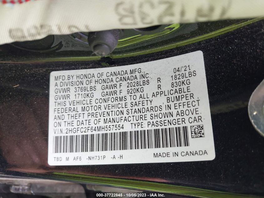 2HGFC2F64MH557554 2021 Honda Civic Sedan Lx