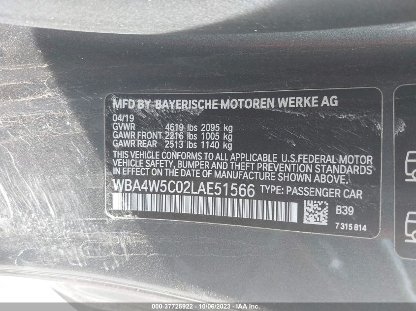 2020 BMW 4 Series 430I xDrive VIN: WBA4W5C02LAE51566 Lot: 37725922