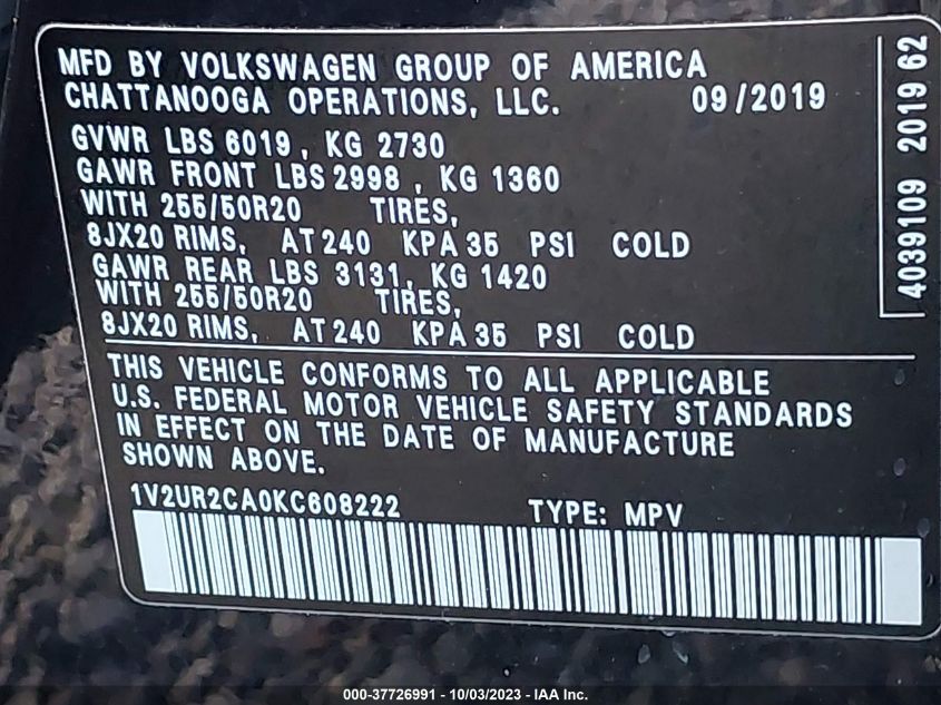 1V2UR2CA0KC608222 2019 Volkswagen Atlas 3.6L V6 Se W/Technology