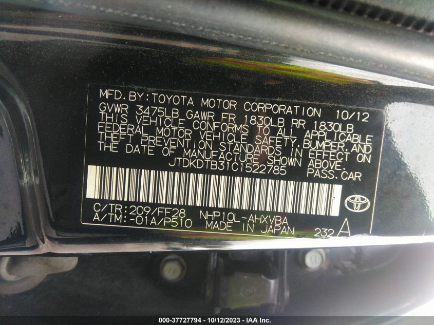 JTDKDTB31C1522785 2012 Toyota Prius C Two