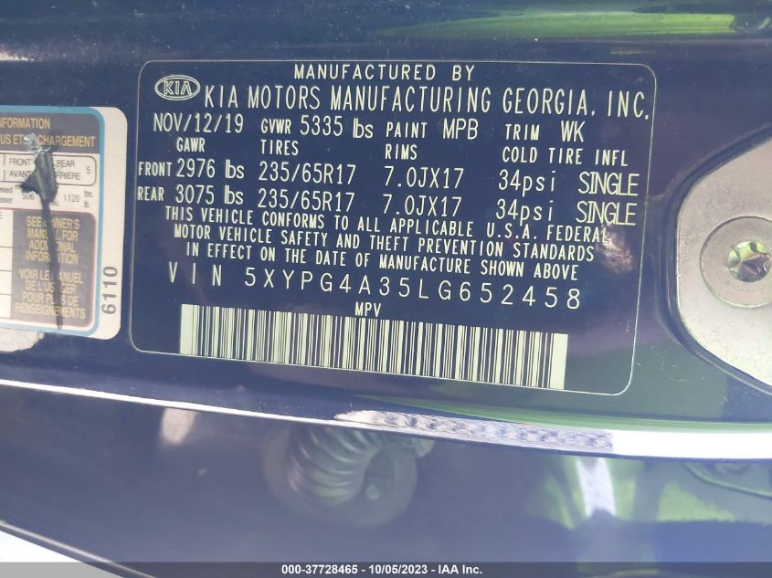 2020 Kia Sorento 2.4L Lx VIN: 5XYPG4A35LG652458 Lot: 37728465