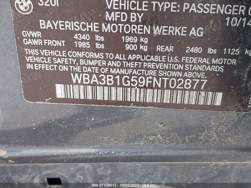 2015 BMW 320I VIN: WBA3B1G59FNT02877 Lot: 37729512