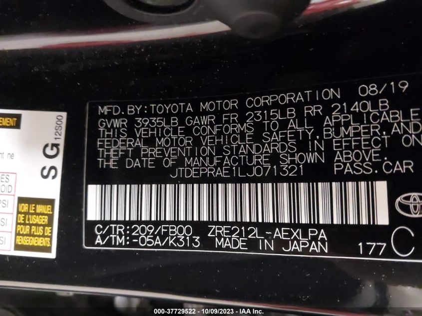 2020 Toyota Corolla Le VIN: JTDEPRAE1LJ071321 Lot: 37729522