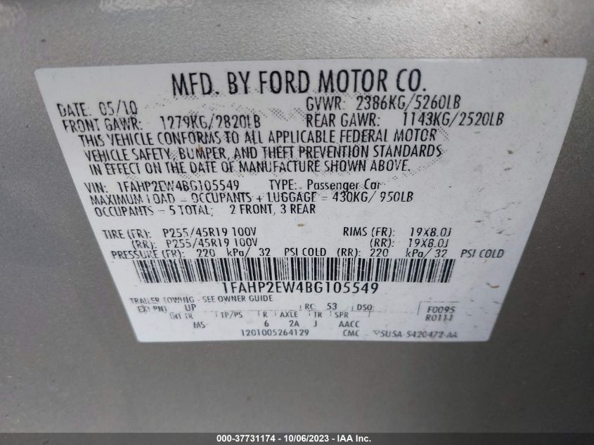 1FAHP2EW4BG105549 2011 Ford Taurus Sel