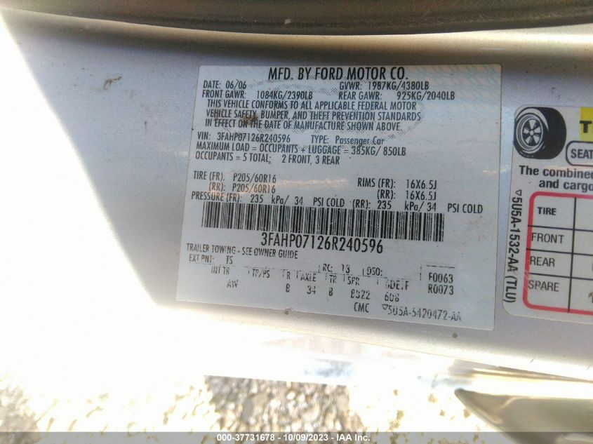 3FAHP07126R240596 2006 Ford Fusion Se