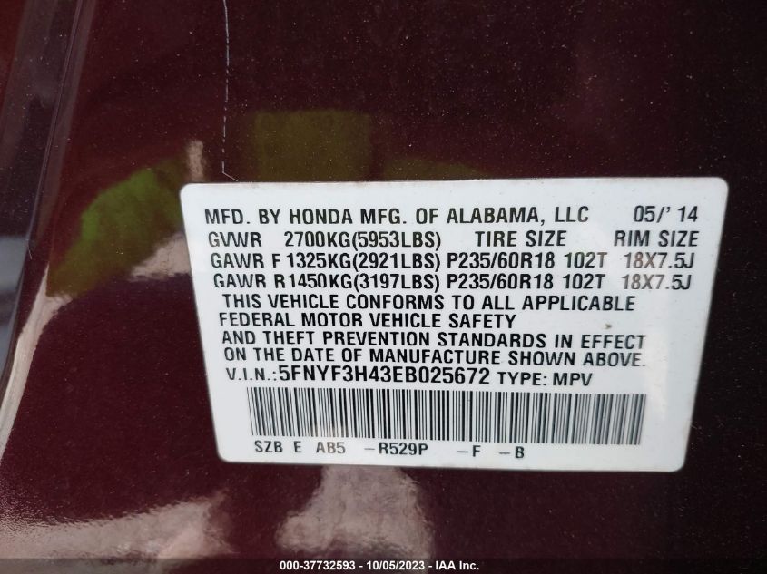 2014 Honda Pilot Ex VIN: 5FNYF3H43EB025672 Lot: 37732593