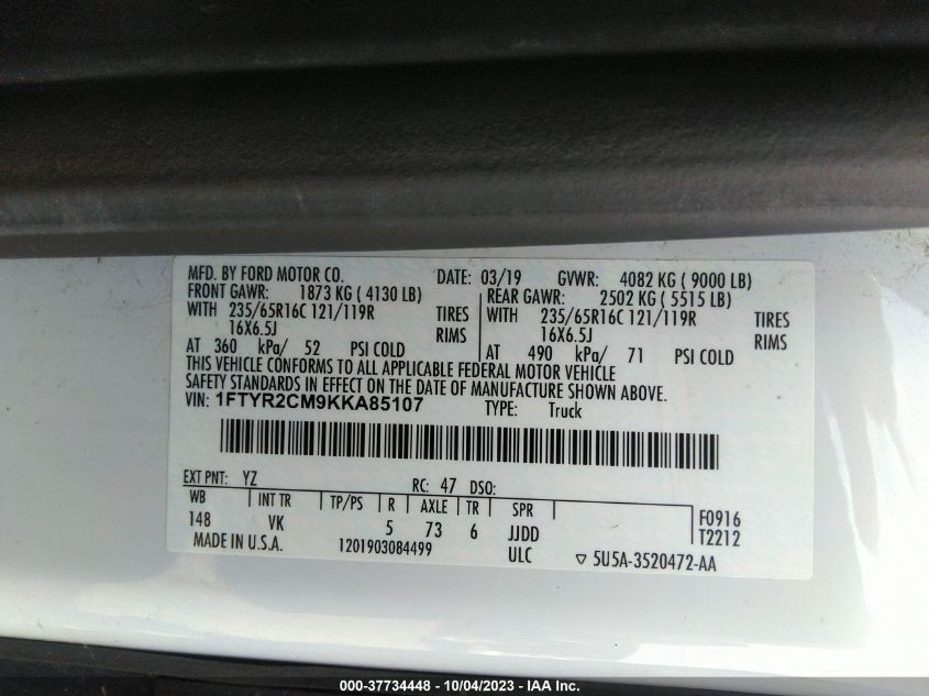 2019 Ford Transit Van VIN: 1FTYR2CM9KKA85107 Lot: 37734448