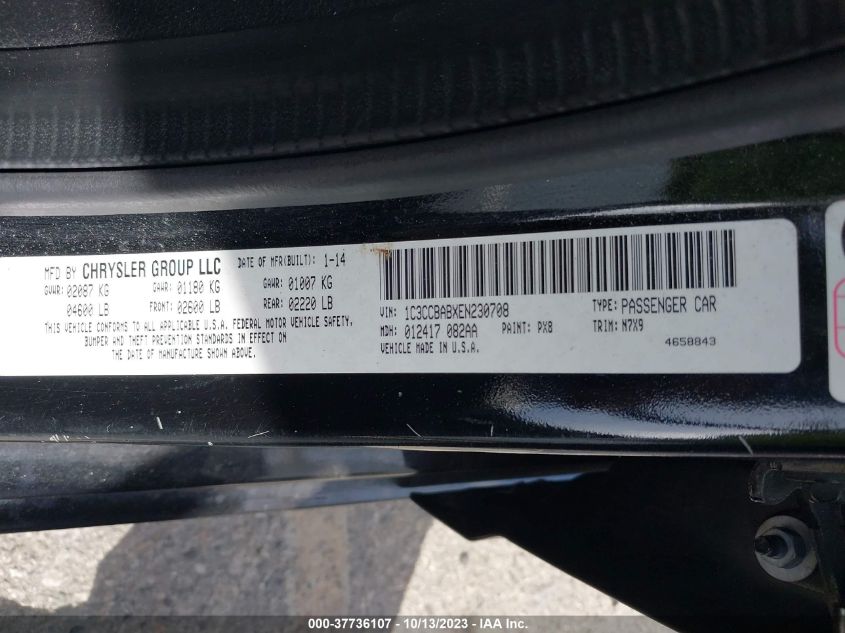 2014 Chrysler 200 Lx VIN: 1C3CCBABXEN230708 Lot: 37736107