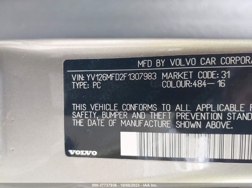 YV126MFD2F1307983 2015 Volvo S60 T5 Platinum