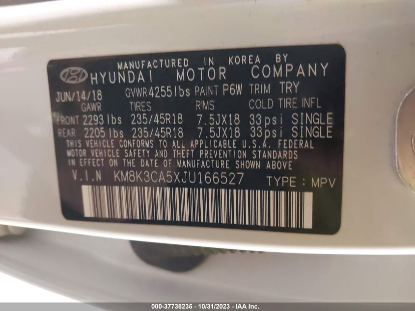 2018 Hyundai Kona Limited VIN: KM8K3CA5XJU166527 Lot: 37738235