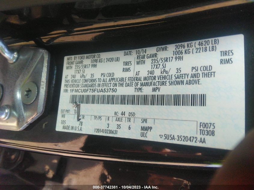 1FMCU0F75FUA53750 2015 Ford Escape S