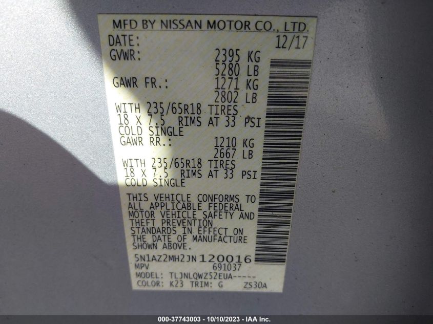 2018 Nissan Murano Sv VIN: 5N1AZ2MH2JN120016 Lot: 37743003