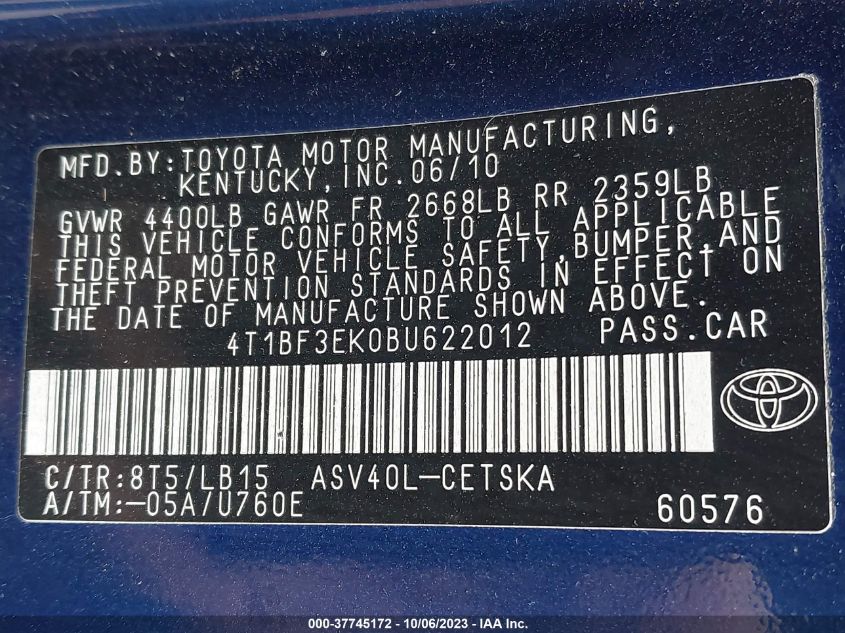 4T1BF3EK0BU622012 2011 Toyota Camry Se