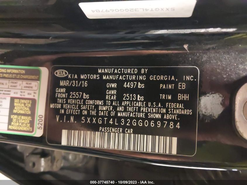 2016 Kia Optima Lx VIN: 5XXGT4L32GG069784 Lot: 43405002