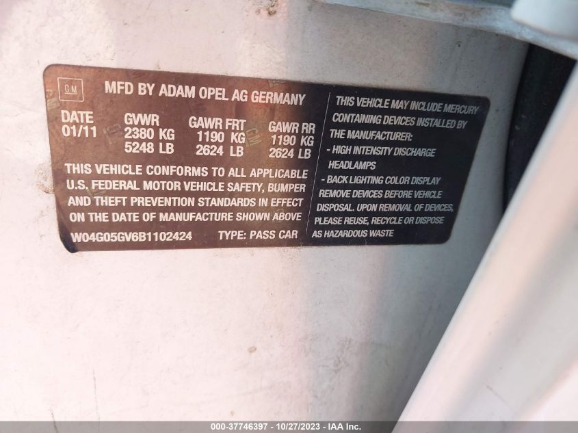 2011 Buick Regal Cxl Turbo To6 VIN: W04G05GV6B1102424 Lot: 37746397