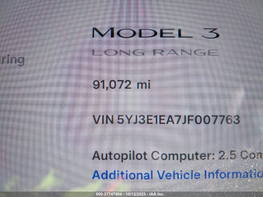 2018 Tesla Model 3 Mid Range/Long Range VIN: 5YJ3E1EA7JF007763 Lot: 37747904