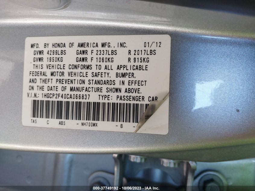 1HGCP2F40CA066837 2012 Honda Accord 2.4 Lx-P