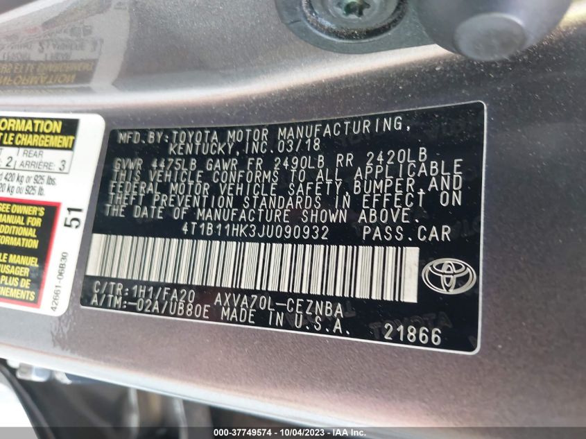 4T1B11HK3JU090932 2018 Toyota Camry Le/Se/Xle/L