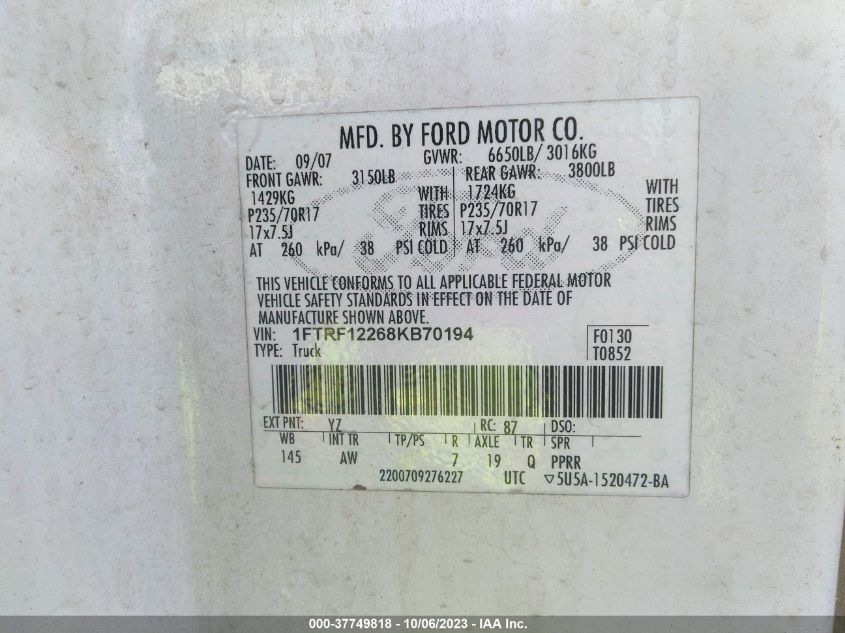 2008 Ford F-150 Xlt/Stx/Xl VIN: 1FTRF12268KB70194 Lot: 37749818