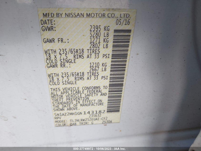 2016 Nissan Murano Sl VIN: 5N1AZ2MH1GN143182 Lot: 37749972