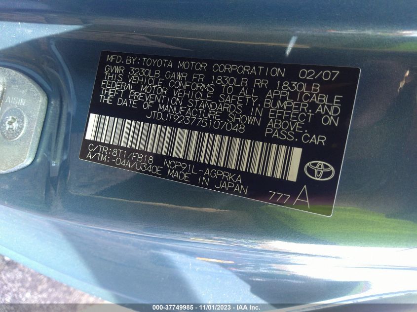 2007 Toyota Yaris VIN: JTDJT923775107048 Lot: 37749985