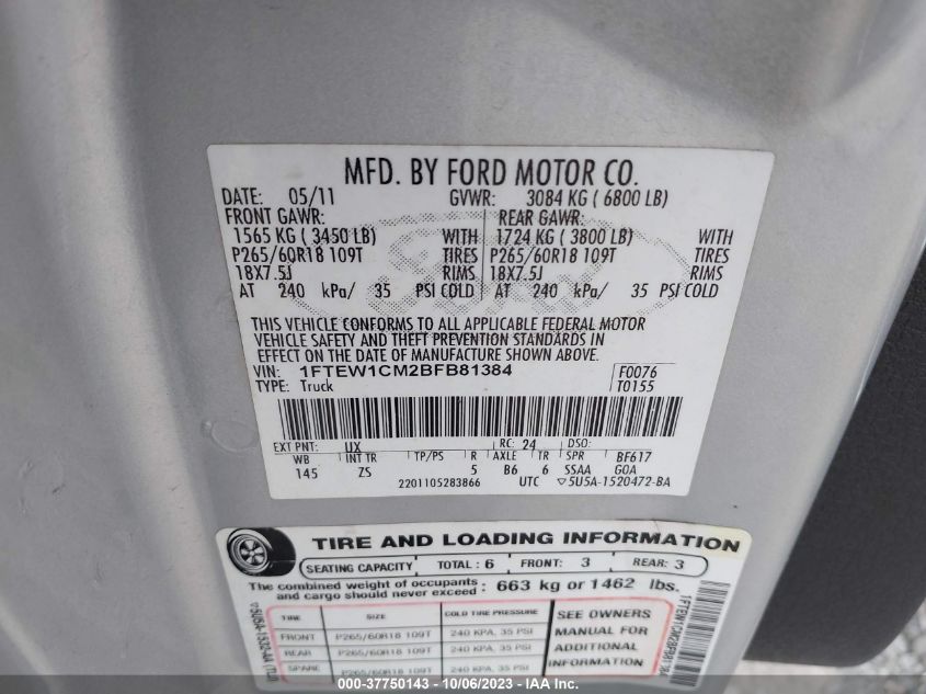 2011 Ford F-150 Xl/Xlt VIN: 1FTEW1CM2BFB81384 Lot: 37750143