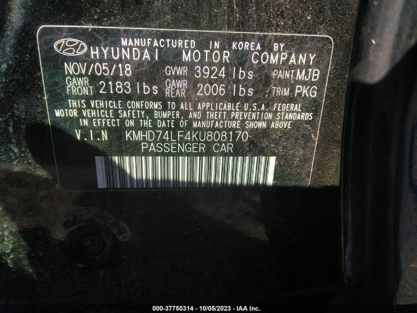 KMHD74LF4KU808170 2019 Hyundai Elantra Se