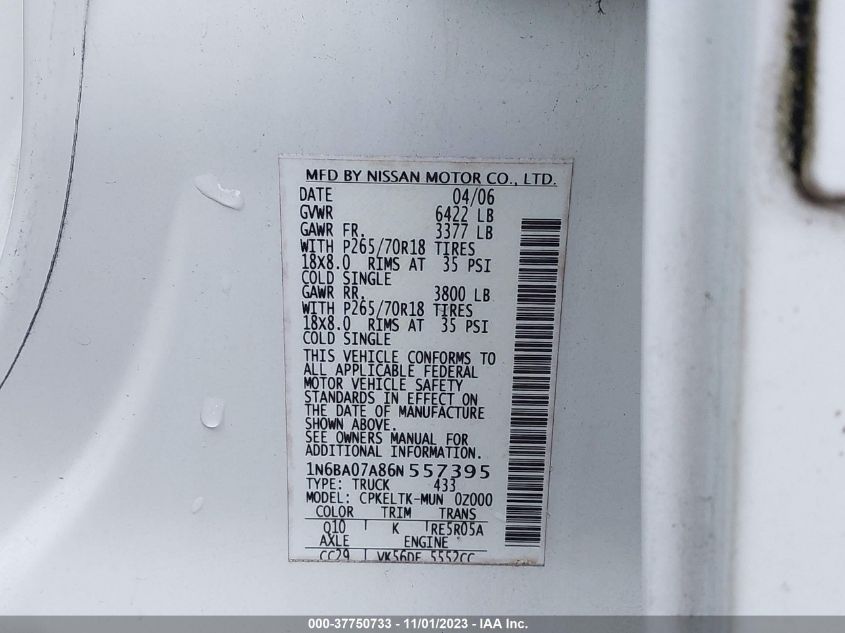 2006 Nissan Titan Se VIN: 1N6BA07A86N557395 Lot: 37750733