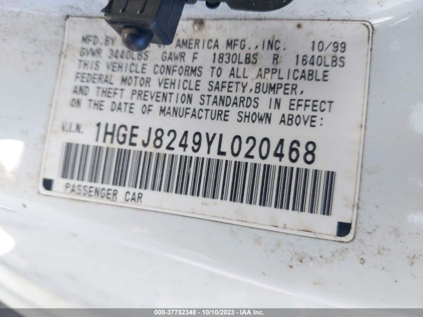 1HGEJ8249YL020468 2000 Honda Civic Ex