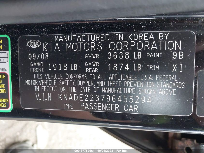 KNADE223796455294 2009 Kia Rio Lx