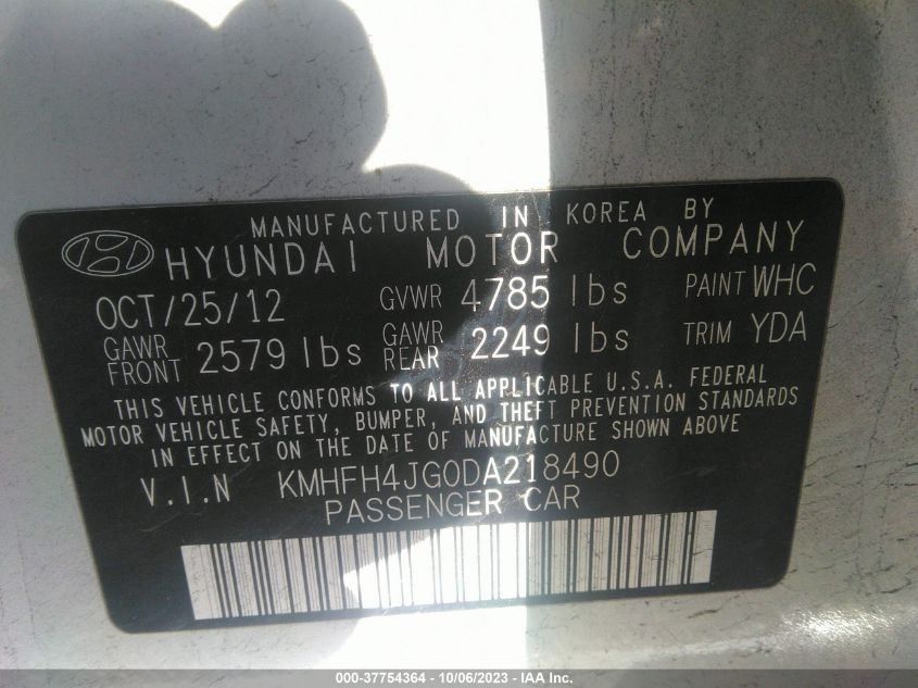 2013 Hyundai Azera VIN: KMHFH4JG0DA218490 Lot: 37754364