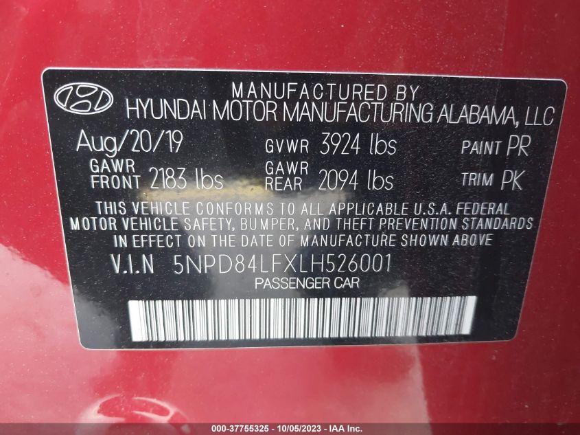 2020 Hyundai Elantra Sel VIN: 5NPD84LFXLH526001 Lot: 37755325