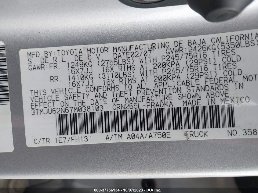 3TMJU62N67M038103 2007 Toyota Tacoma Prerunner V6