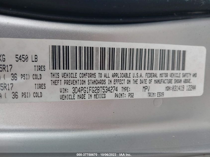 2011 Dodge Journey Mainstreet VIN: 3D4PG1FG2BT534274 Lot: 37758670