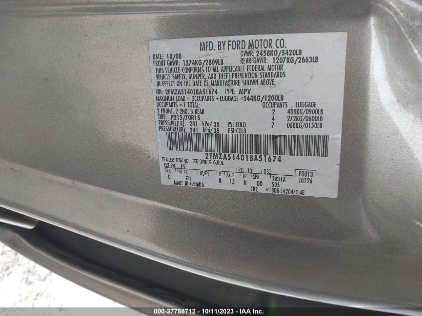 2001 Ford Windstar Lx VIN: 2FMZA51401BA51674 Lot: 37758712