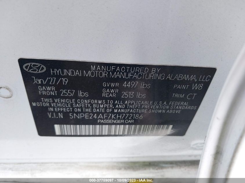 2019 Hyundai Sonata Se VIN: 5NPE24AF7KH772186 Lot: 37759097