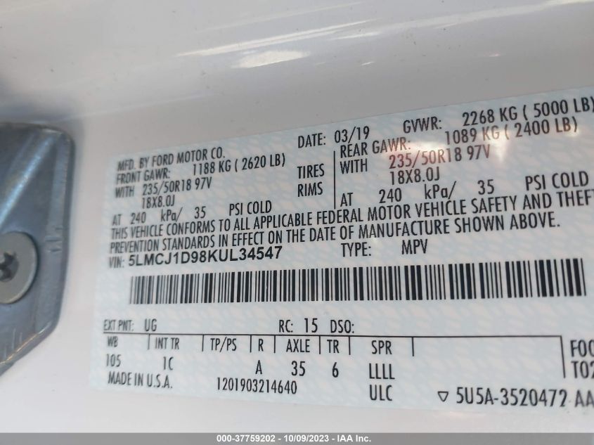 2019 Lincoln Mkc Standard VIN: 5LMCJ1D98KUL34547 Lot: 37759202