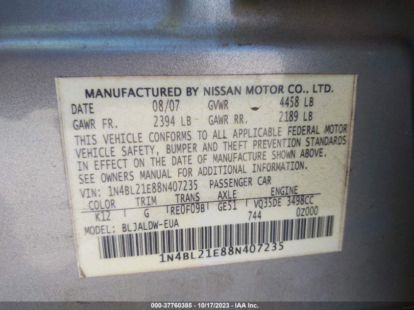 2008 Nissan Altima 3.5 Se VIN: 1N4BL21E88N407235 Lot: 37760385