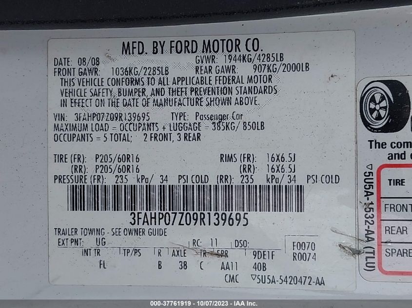 3FAHP07Z09R139695 2009 Ford Fusion Se