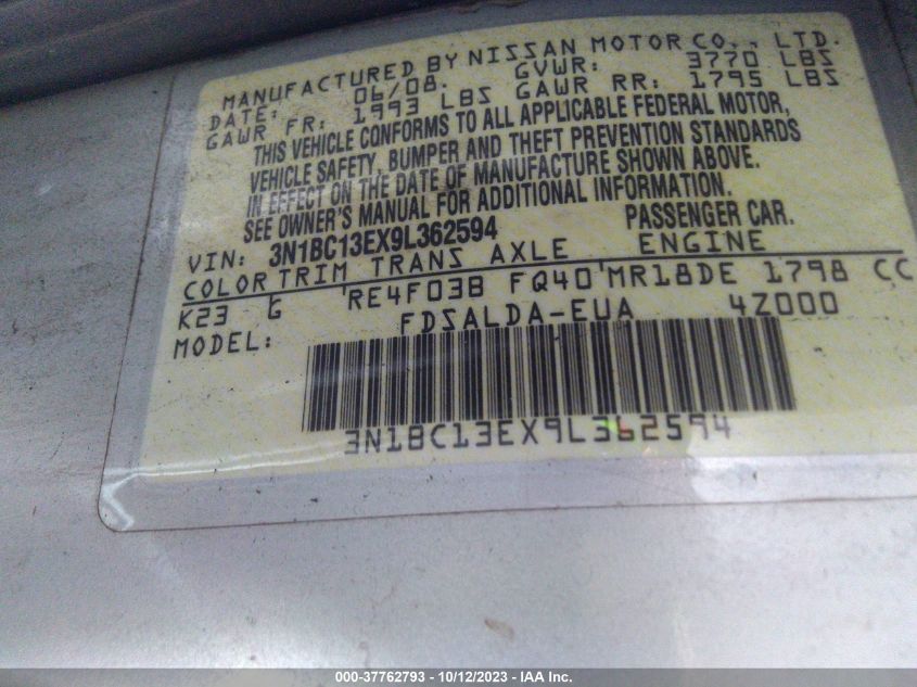 3N1BC13EX9L362594 2009 Nissan Versa 1.8S